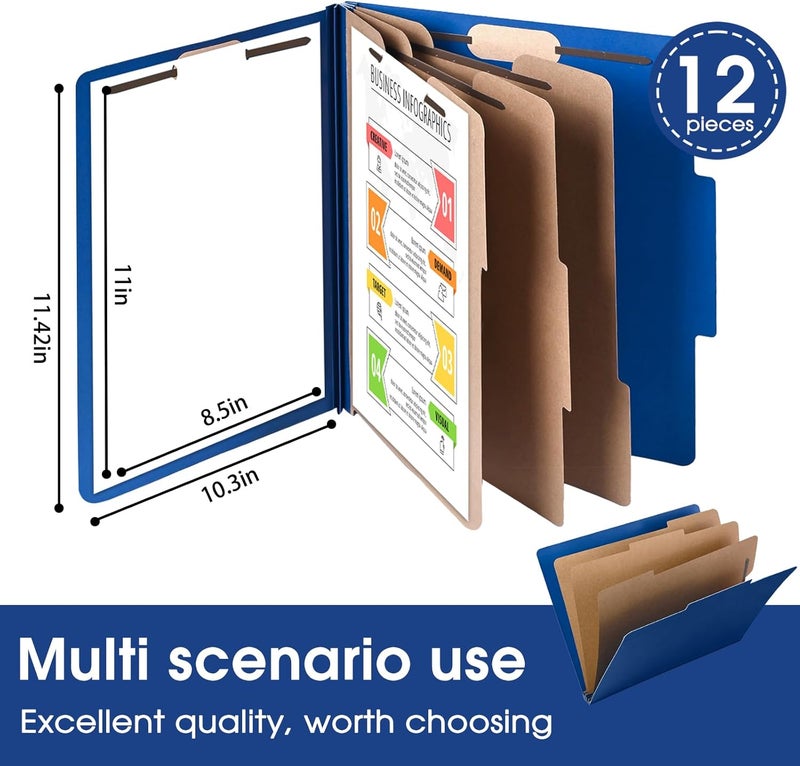 Cesil Pressboard Classification File Folders, 12pcs 3 Dividers Blue File Folders Letter Size with 2 Prongs Fastener, Heavy Duty Office File Organizer for Teacher School Medical Employee File Folers - Image 2
